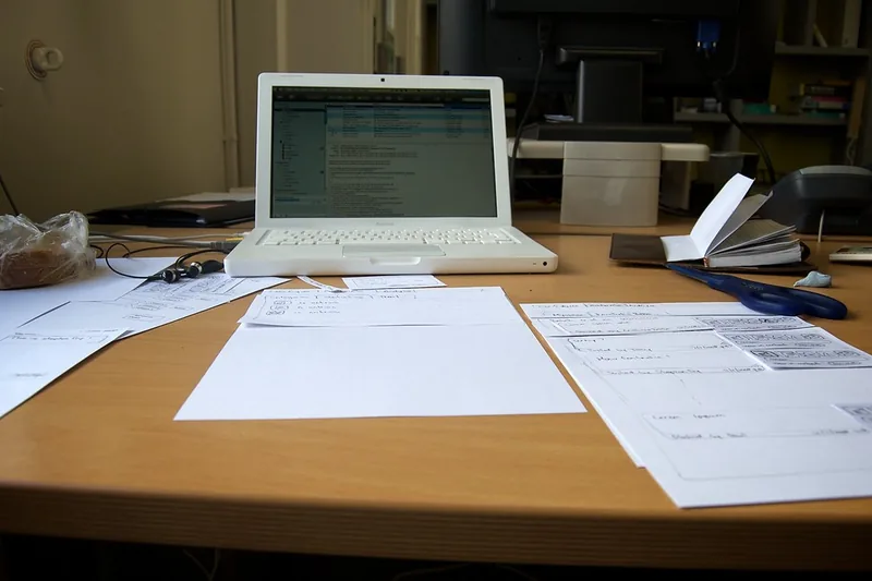 Papieren en een laptop op een keukentafel tijdens een gesprek